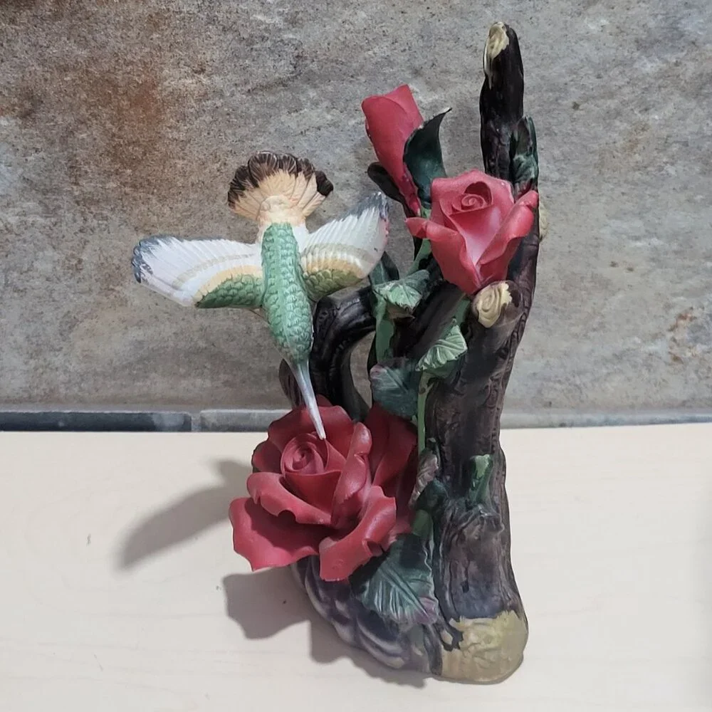 Vintage Porcelain Hummingbird with Sculptured Red Roses Highly Detailed Figurine